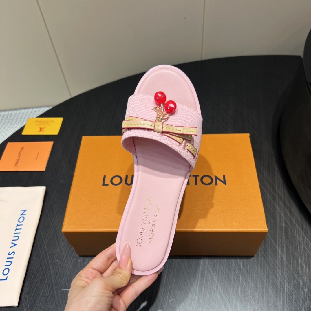 LV SLIDE SANDALS 25S IN BABY PINK DENIM AND CALFSKIN WITH CHERRY BLOSSOM BUCKLE - 35