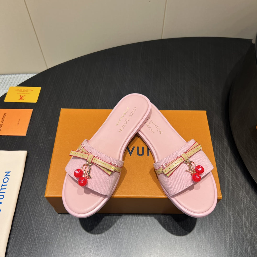 LV SLIDE SANDALS 25S IN BABY PINK DENIM AND CALFSKIN WITH CHERRY BLOSSOM BUCKLE - 35