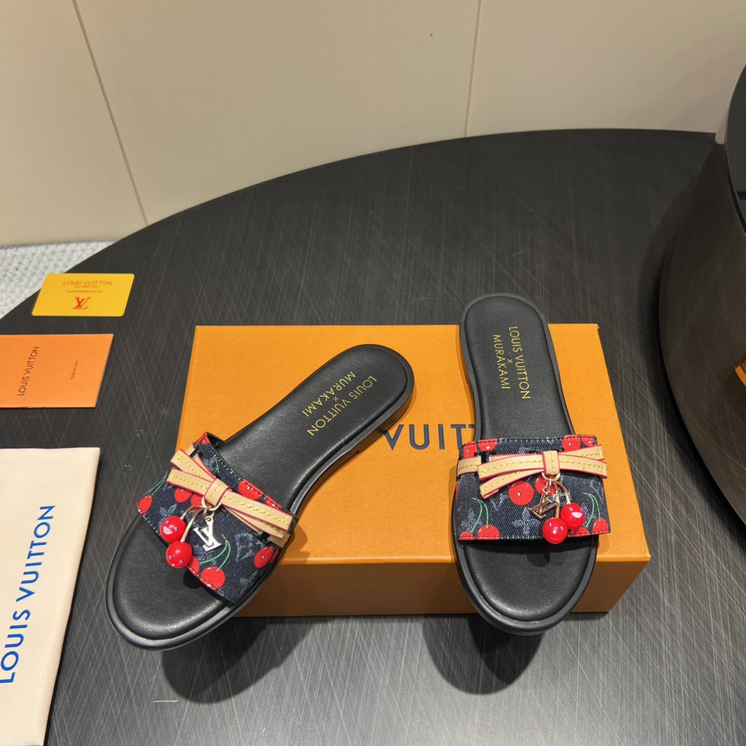 LV SLIDE SANDALS 25S IN BLACK DENIM AND CALFSKIN WITH CHERRY BLOSSOM BUCKLE - 35