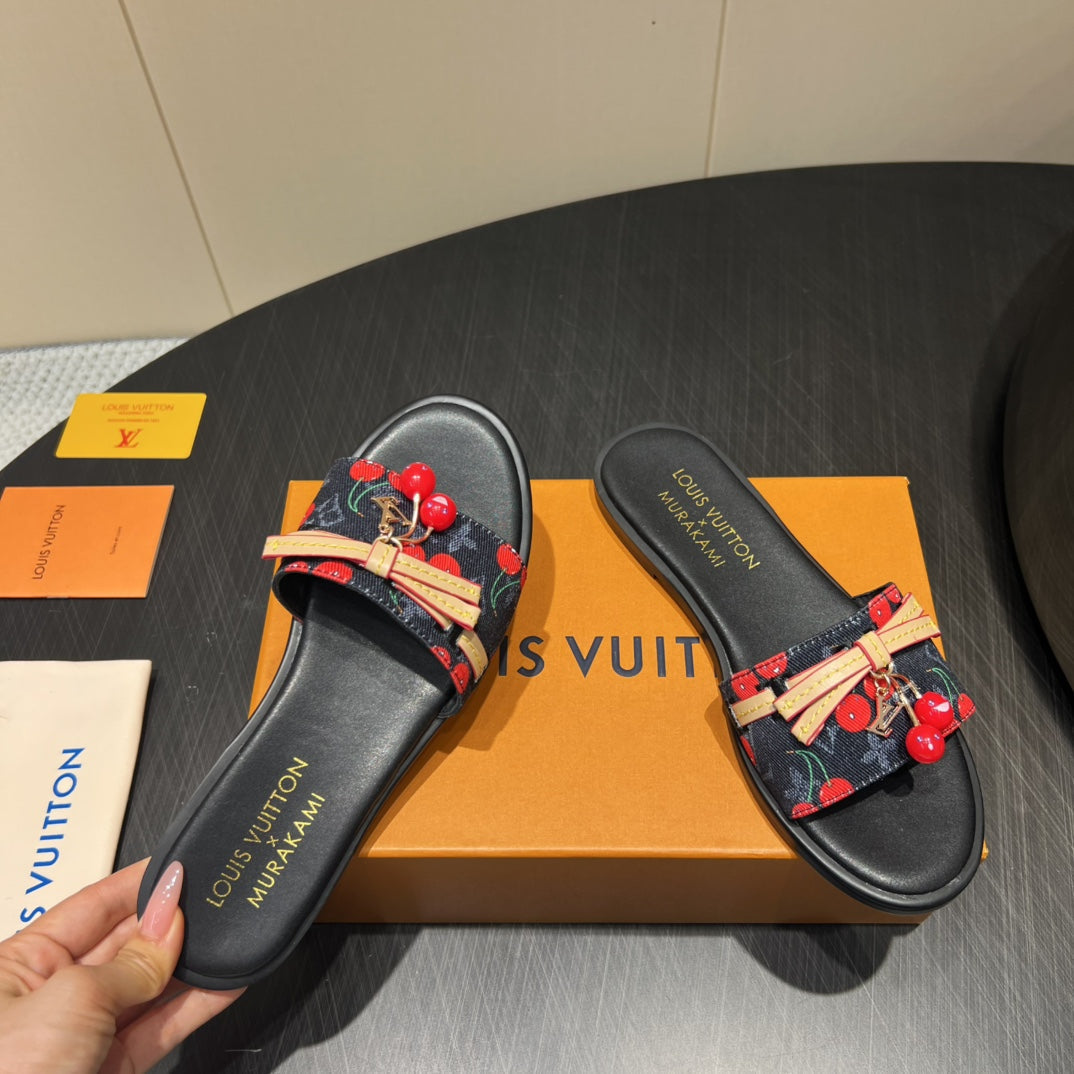 LV SLIDE SANDALS 25S IN BLACK DENIM AND CALFSKIN WITH CHERRY BLOSSOM BUCKLE - 35