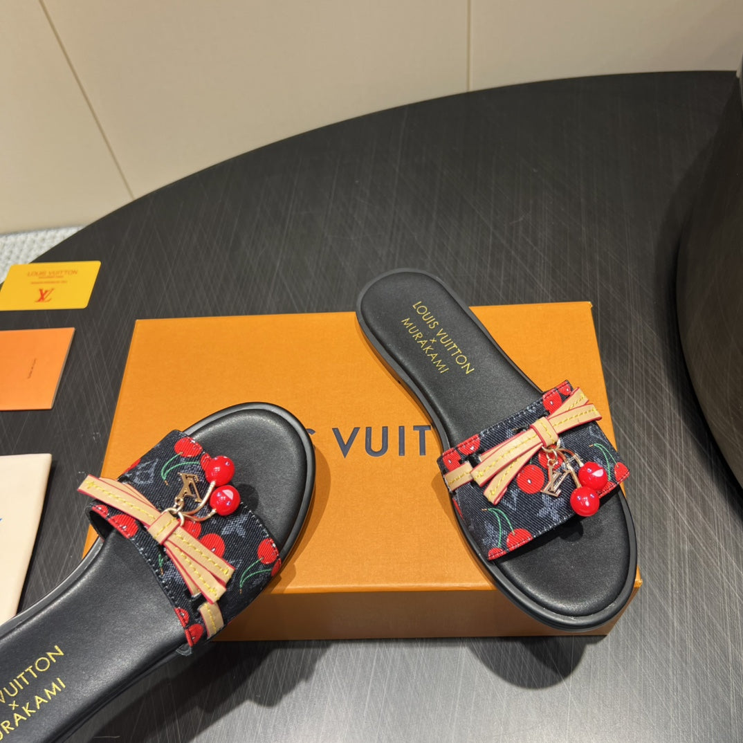 LV SLIDE SANDALS 25S IN BLACK DENIM AND CALFSKIN WITH CHERRY BLOSSOM BUCKLE - 35