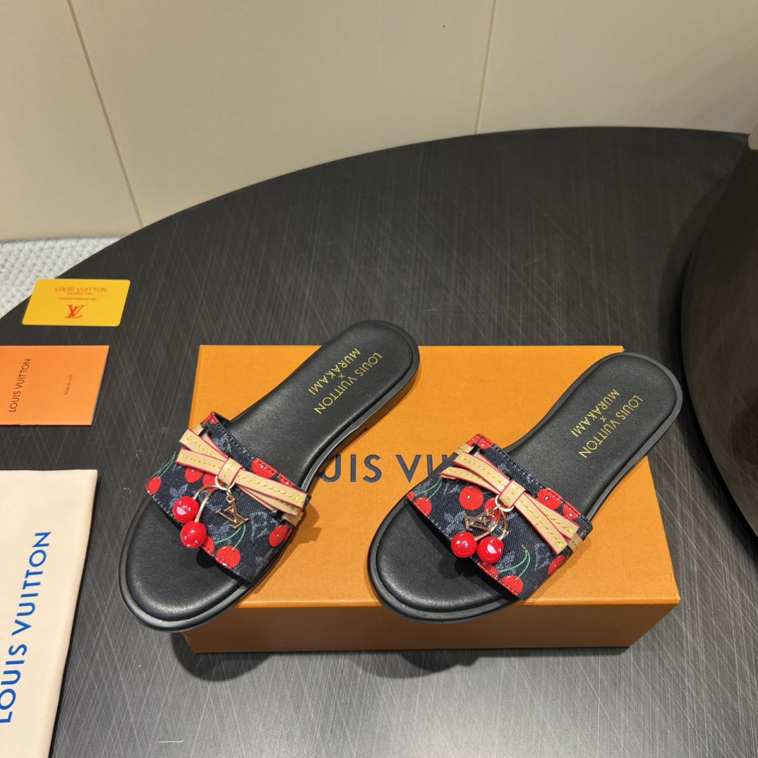 LV SLIDE SANDALS 25S IN BLACK DENIM AND CALFSKIN WITH CHERRY BLOSSOM BUCKLE - 35