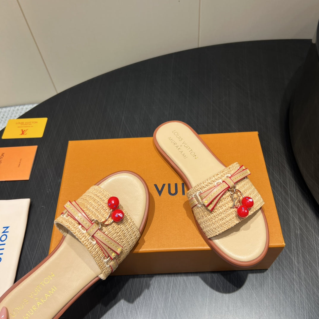 LV SLIDE SANDALS 25S IN BEIGE RAFFIA AND CALFSKIN WITH CHERRY BLOSSOM BUCKLE - 35