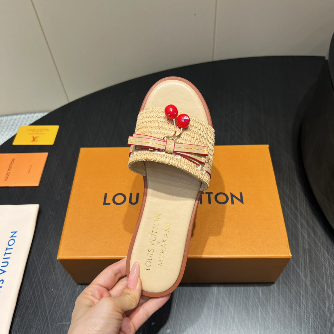 LV SLIDE SANDALS 25S IN BEIGE RAFFIA AND CALFSKIN WITH CHERRY BLOSSOM BUCKLE - 35