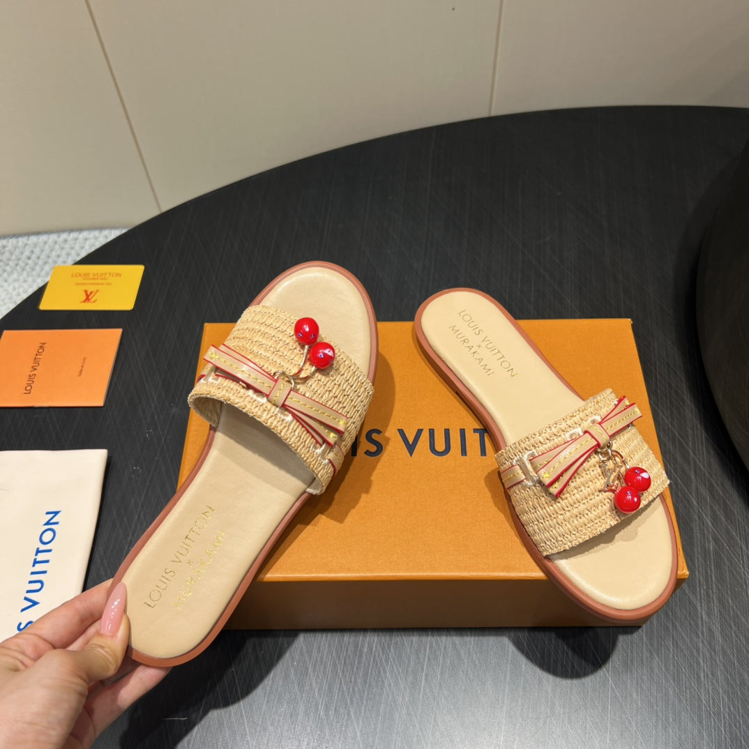LV SLIDE SANDALS 25S IN BEIGE RAFFIA AND CALFSKIN WITH CHERRY BLOSSOM BUCKLE - 35