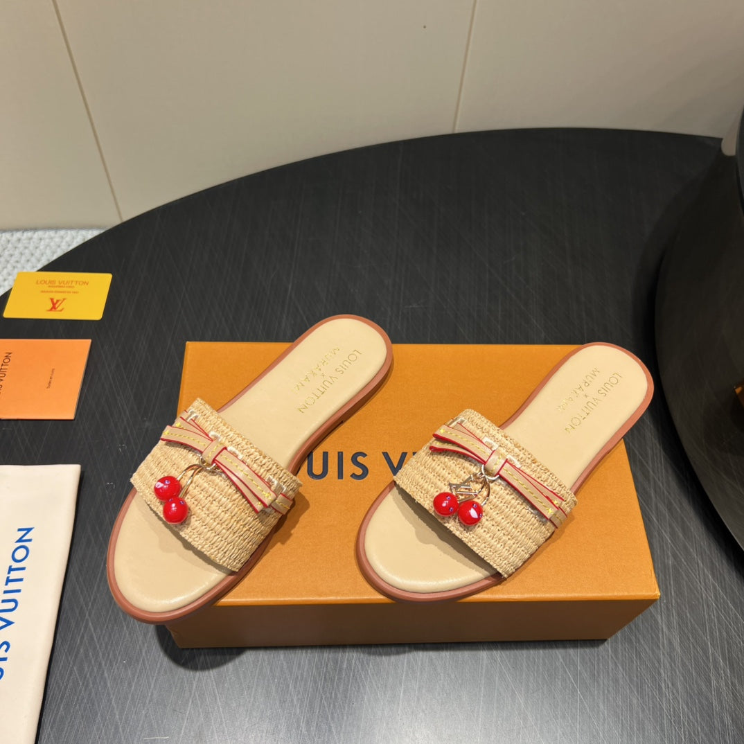LV SLIDE SANDALS 25S IN BEIGE RAFFIA AND CALFSKIN WITH CHERRY BLOSSOM BUCKLE - 35