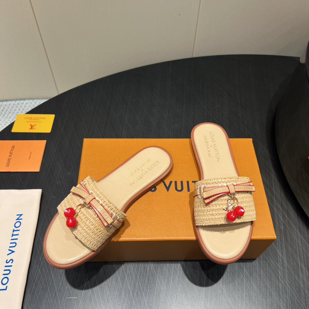 LV SLIDE SANDALS 25S IN BEIGE RAFFIA AND CALFSKIN WITH CHERRY BLOSSOM BUCKLE - 35