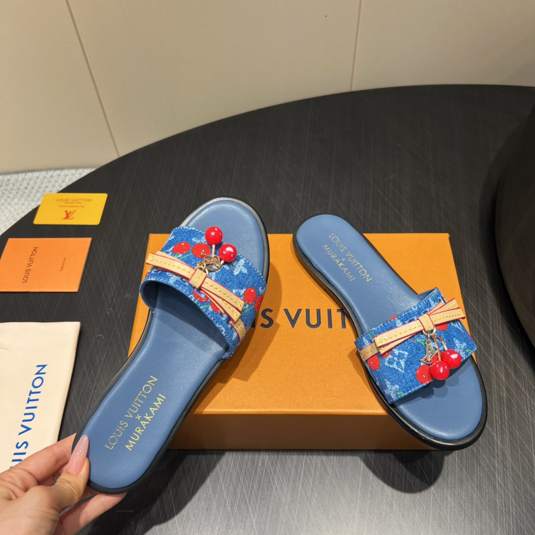 LV SLIDE SANDALS 25S IN DARK BLUE DENIM AND CALFSKIN WITH CHERRY BLOSSOM BUCKLE - 35
