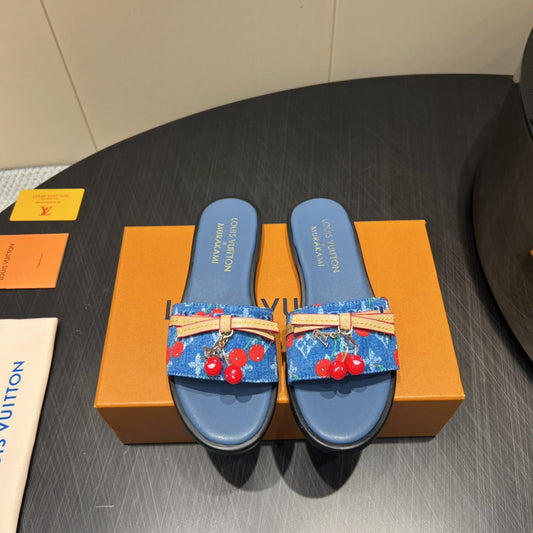 LV SLIDE SANDALS 25S IN DARK BLUE DENIM AND CALFSKIN WITH CHERRY BLOSSOM BUCKLE - 35