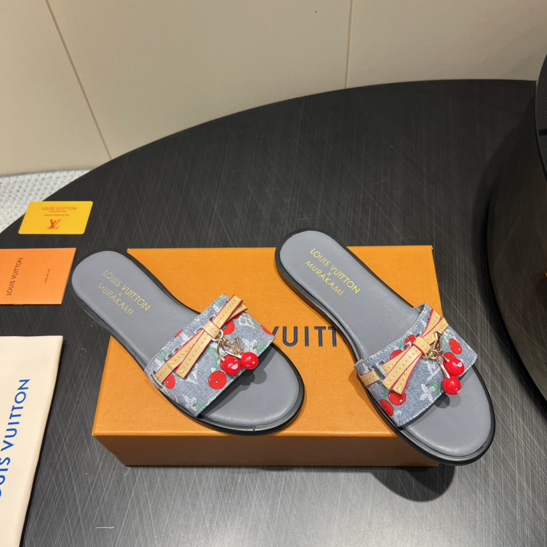 LV SLIDE SANDALS 25S IN GREY DENIM AND CALFSKIN WITH CHERRY BLOSSOM BUCKLE - 35