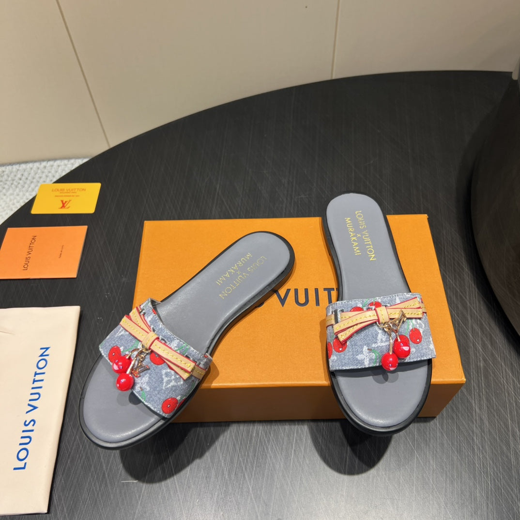 LV SLIDE SANDALS 25S IN GREY DENIM AND CALFSKIN WITH CHERRY BLOSSOM BUCKLE - 35