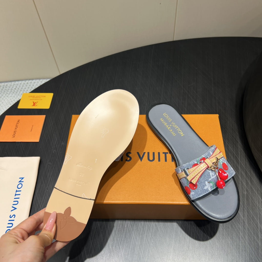 LV SLIDE SANDALS 25S IN GREY DENIM AND CALFSKIN WITH CHERRY BLOSSOM BUCKLE - 35