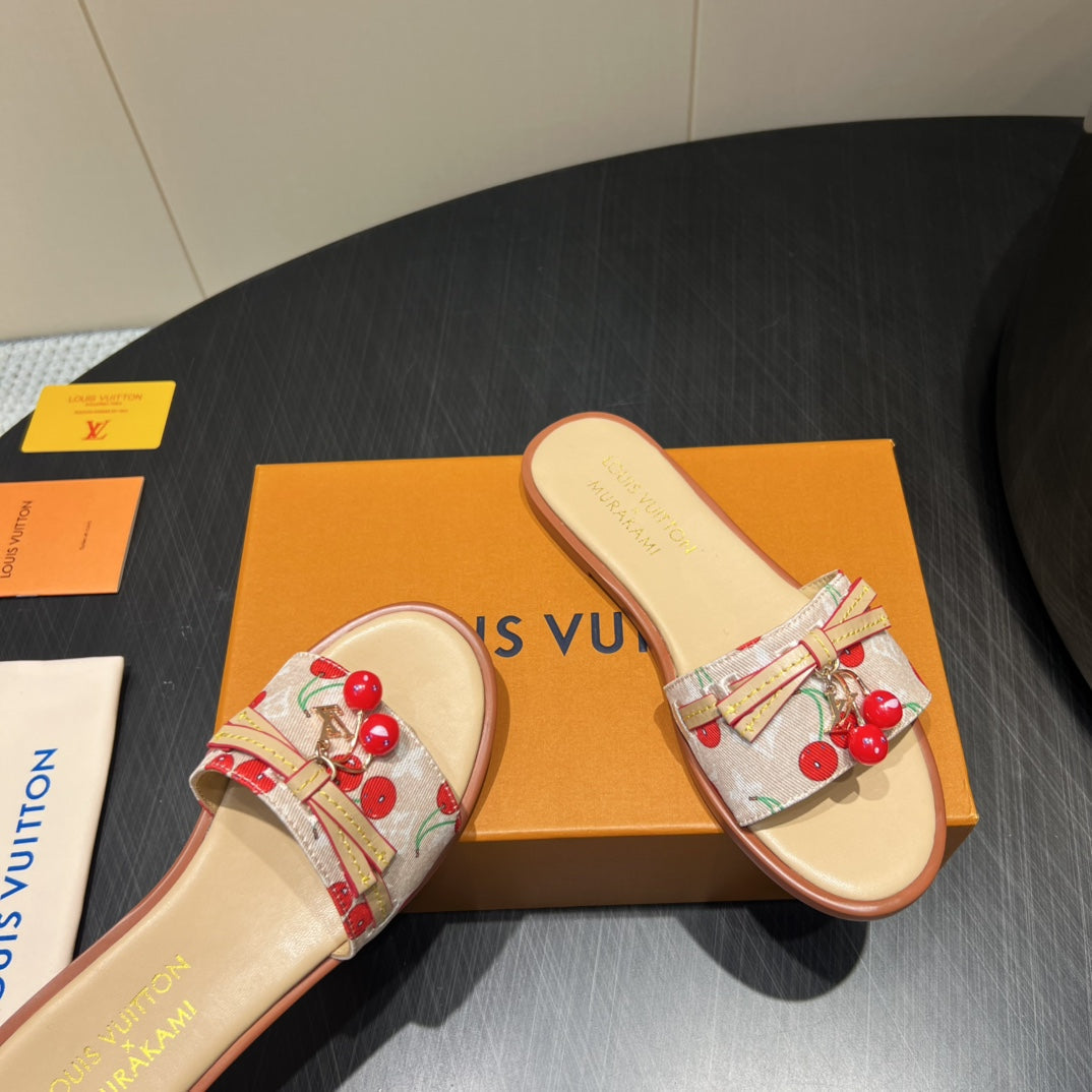 LV SLIDE SANDALS 25S IN BEIGE DENIM AND CALFSKIN WITH CHERRY BLOSSOM BUCKLE - 35