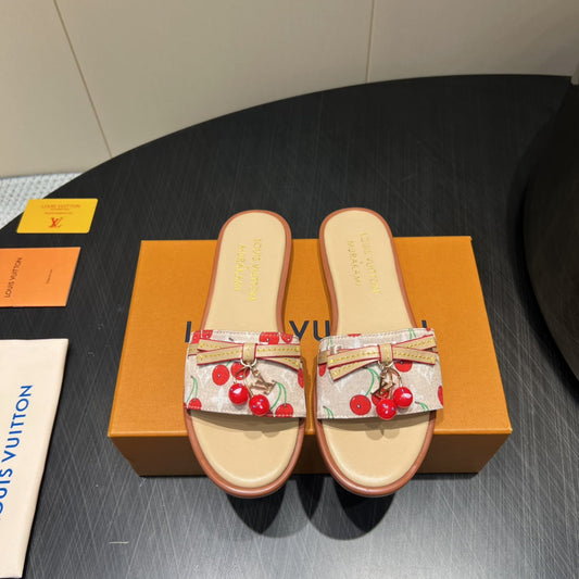 LV SLIDE SANDALS 25S IN BEIGE DENIM AND CALFSKIN WITH CHERRY BLOSSOM BUCKLE - 35