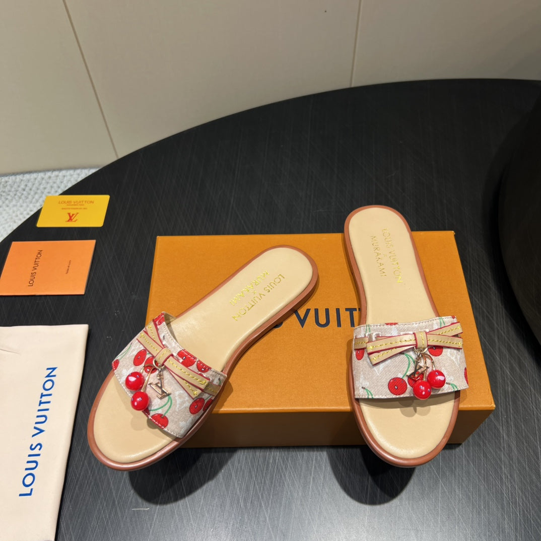LV SLIDE SANDALS 25S IN BEIGE DENIM AND CALFSKIN WITH CHERRY BLOSSOM BUCKLE - 35