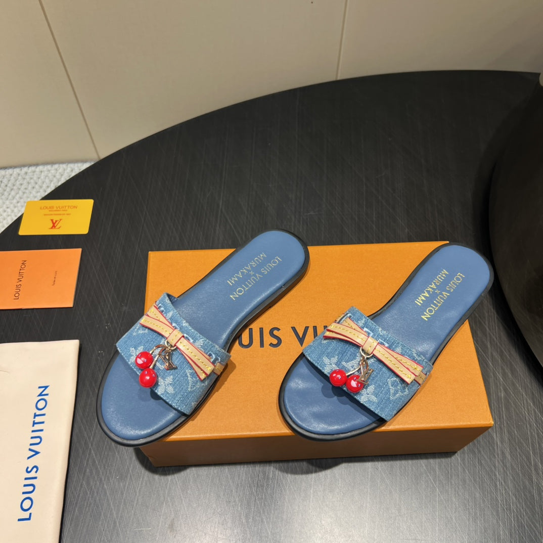 LV SLIDE SANDALS 25S IN BLUE DENIM AND CALFSKIN WITH CHERRY BLOSSOM BUCKLE - 35