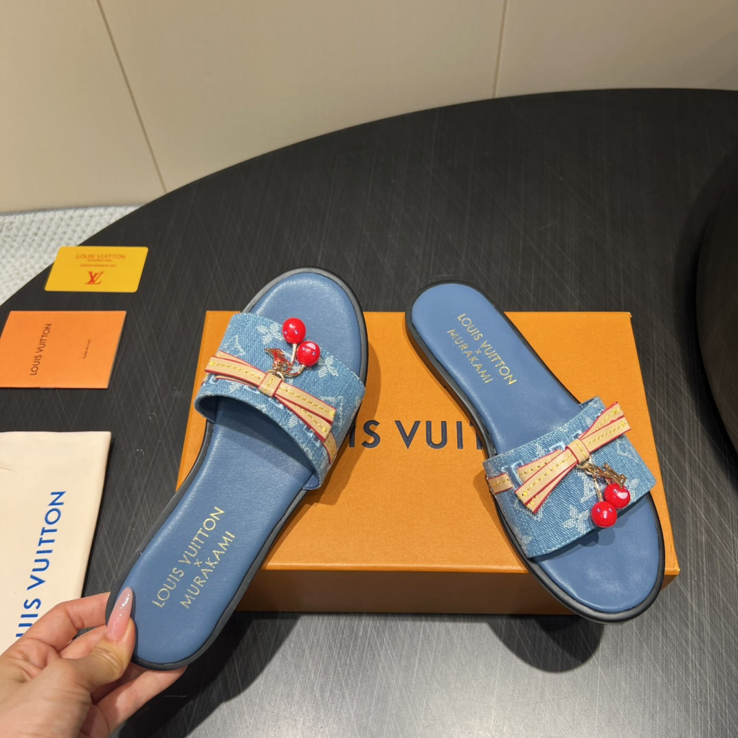 LV SLIDE SANDALS 25S IN BLUE DENIM AND CALFSKIN WITH CHERRY BLOSSOM BUCKLE - 35