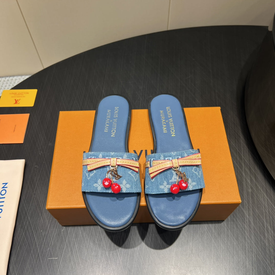 LV SLIDE SANDALS 25S IN BLUE DENIM AND CALFSKIN WITH CHERRY BLOSSOM BUCKLE - 35