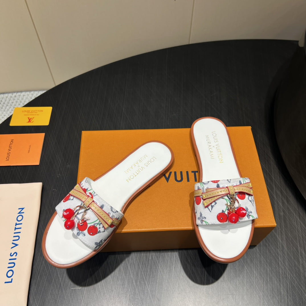 LV SLIDE SANDALS 25S IN WHITE DENIM AND CALFSKIN WITH CHERRY BLOSSOM BUCKLE - 35