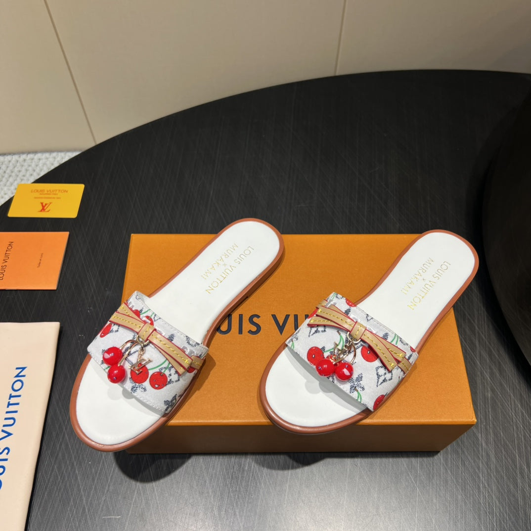 LV SLIDE SANDALS 25S IN WHITE DENIM AND CALFSKIN WITH CHERRY BLOSSOM BUCKLE - 35