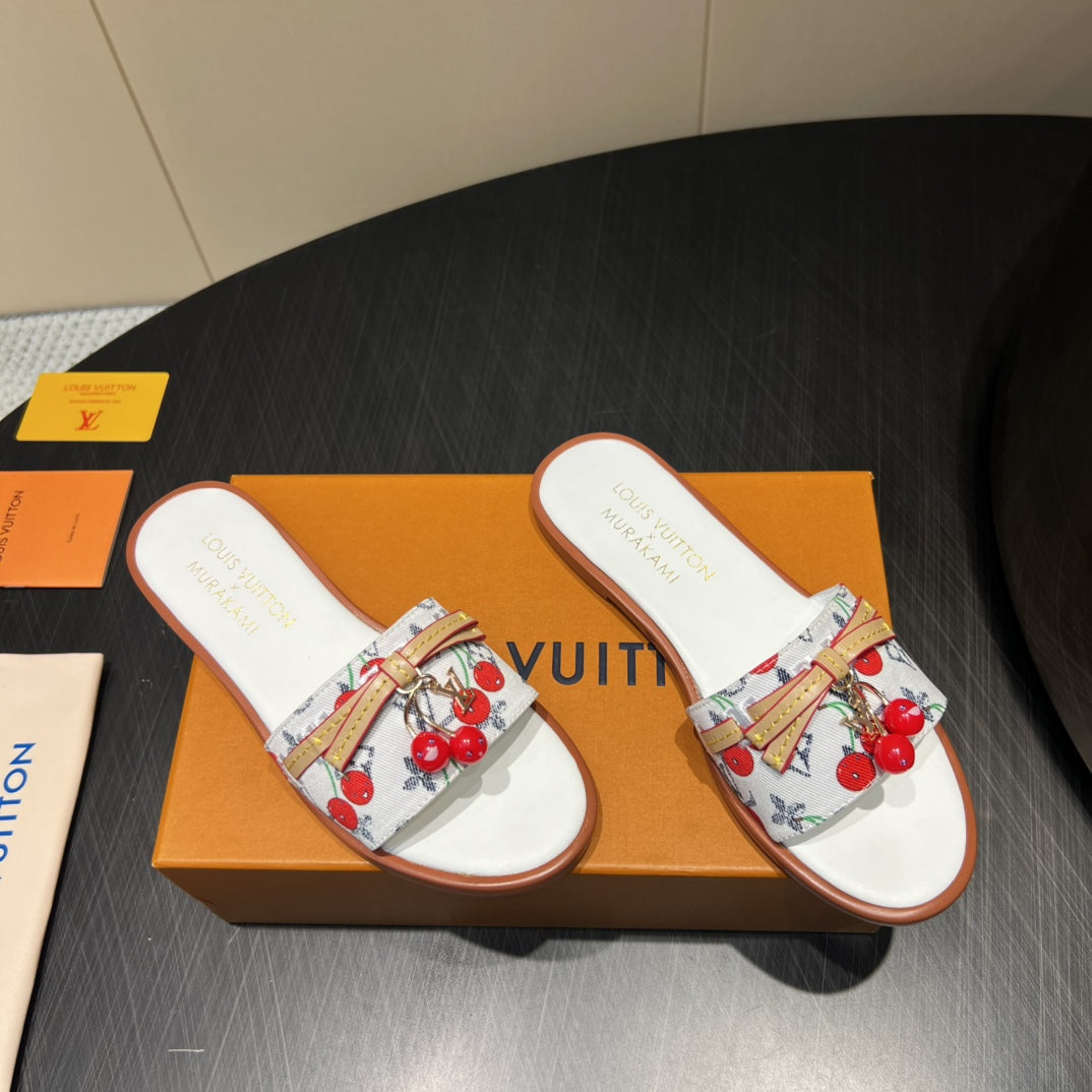 LV SLIDE SANDALS 25S IN WHITE DENIM AND CALFSKIN WITH CHERRY BLOSSOM BUCKLE - 35