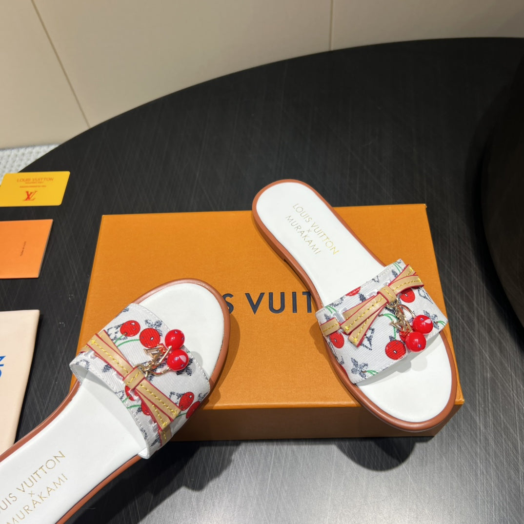 LV SLIDE SANDALS 25S IN WHITE DENIM AND CALFSKIN WITH CHERRY BLOSSOM BUCKLE - 35