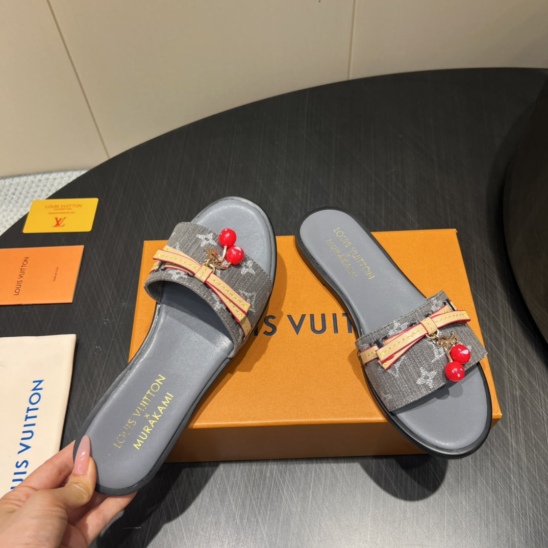 LV SLIDE SANDALS 25S IN DARK GREY DENIM AND CALFSKIN WITH CHERRY BLOSSOM BUCKLE - 35