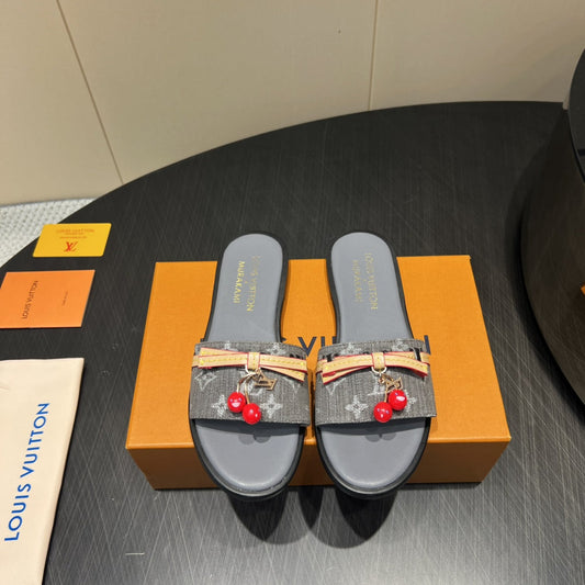 LV SLIDE SANDALS 25S IN DARK GREY DENIM AND CALFSKIN WITH CHERRY BLOSSOM BUCKLE - 35