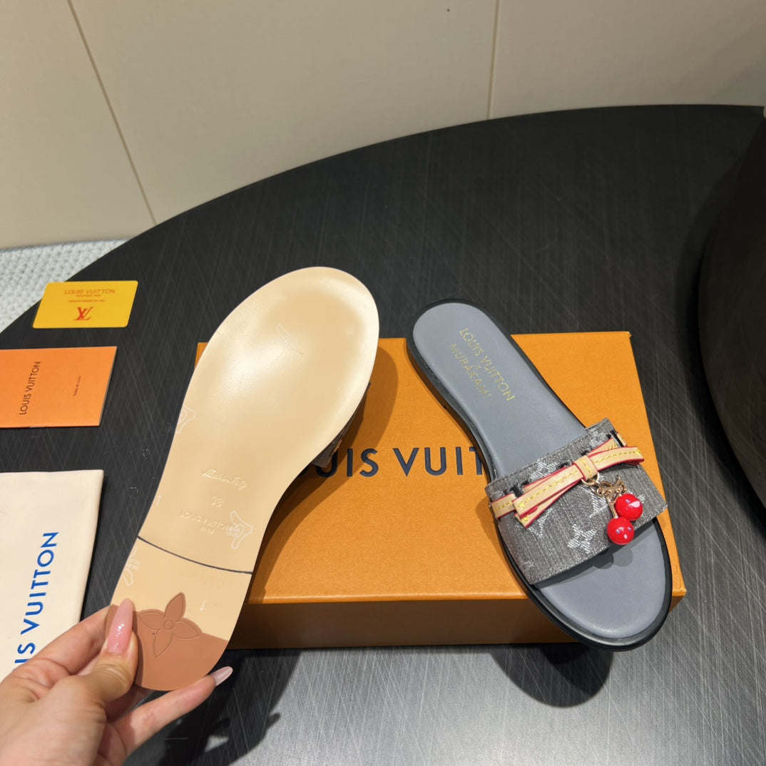LV SLIDE SANDALS 25S IN DARK GREY DENIM AND CALFSKIN WITH CHERRY BLOSSOM BUCKLE - 35