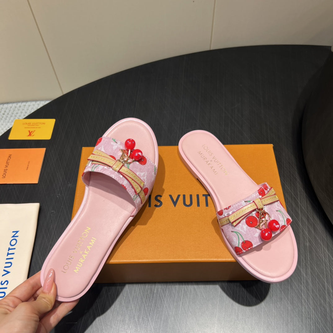 LV SLIDE SANDALS 25S IN LIGHT PINK DENIM AND CALFSKIN WITH CHERRY BLOSSOM BUCKLE - 35