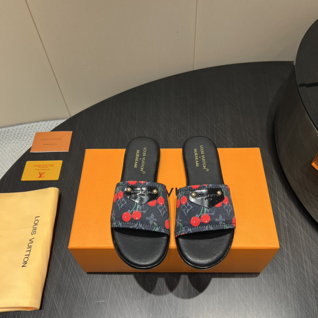 LV SLIDE SANDALS 25S IN BLACK DENIM AND CALFSKIN WITH LOGO PRINT - 35