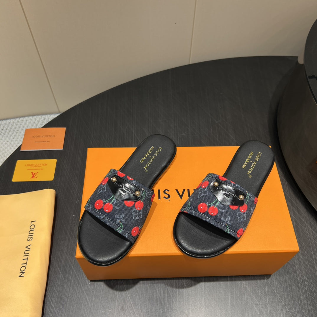 LV SLIDE SANDALS 25S IN BLACK DENIM AND CALFSKIN WITH LOGO PRINT - 35