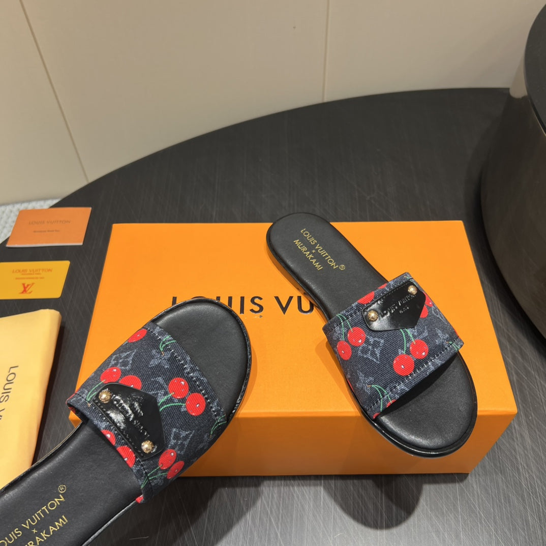 LV SLIDE SANDALS 25S IN BLACK DENIM AND CALFSKIN WITH LOGO PRINT - 35
