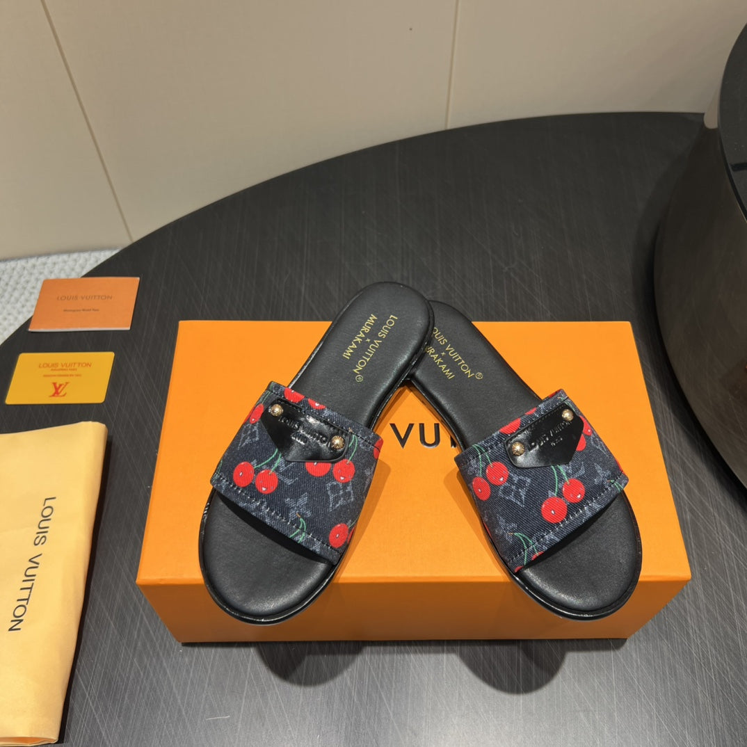 LV SLIDE SANDALS 25S IN BLACK DENIM AND CALFSKIN WITH LOGO PRINT - 35