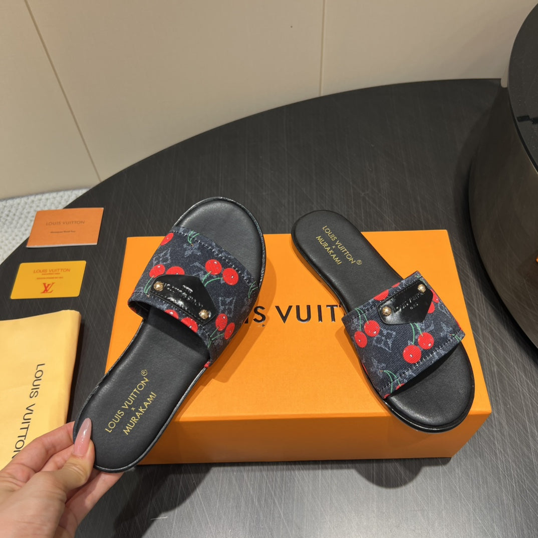 LV SLIDE SANDALS 25S IN BLACK DENIM AND CALFSKIN WITH LOGO PRINT - 35