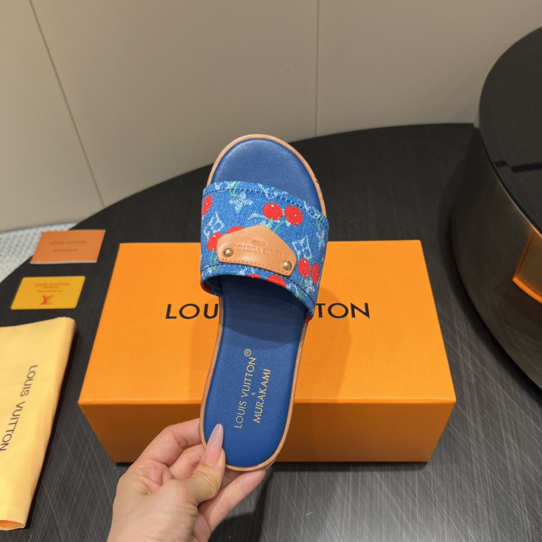 LV SLIDE SANDALS 25S IN DARK BLUE DENIM AND CALFSKIN WITH LOGO PRINT - 35