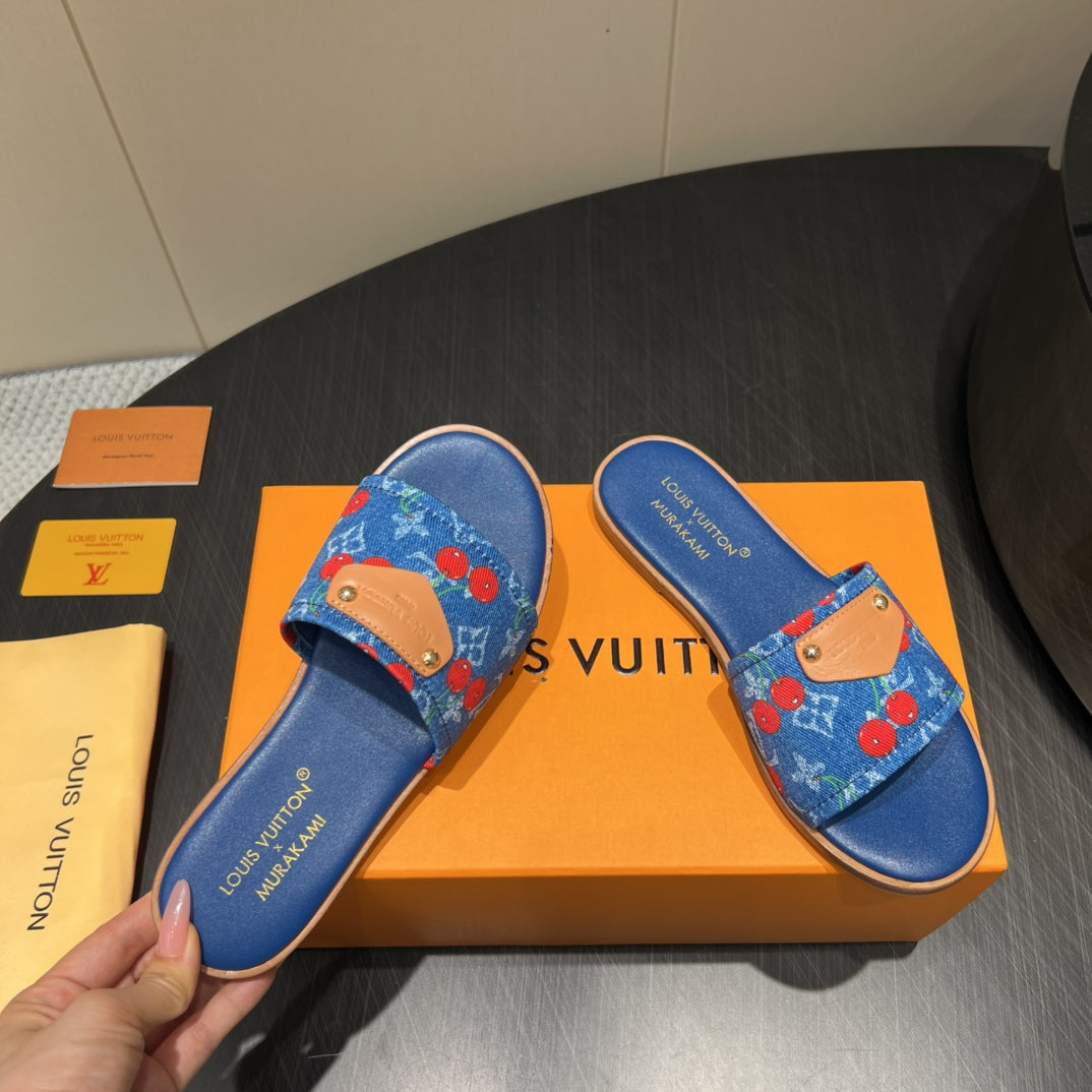 LV SLIDE SANDALS 25S IN DARK BLUE DENIM AND CALFSKIN WITH LOGO PRINT - 35