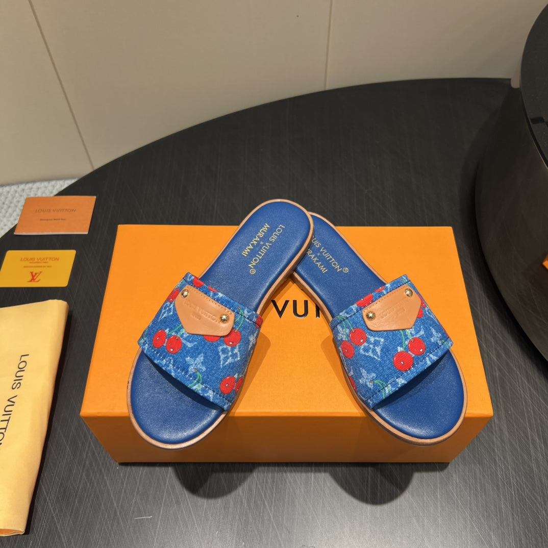 LV SLIDE SANDALS 25S IN DARK BLUE DENIM AND CALFSKIN WITH LOGO PRINT - 35