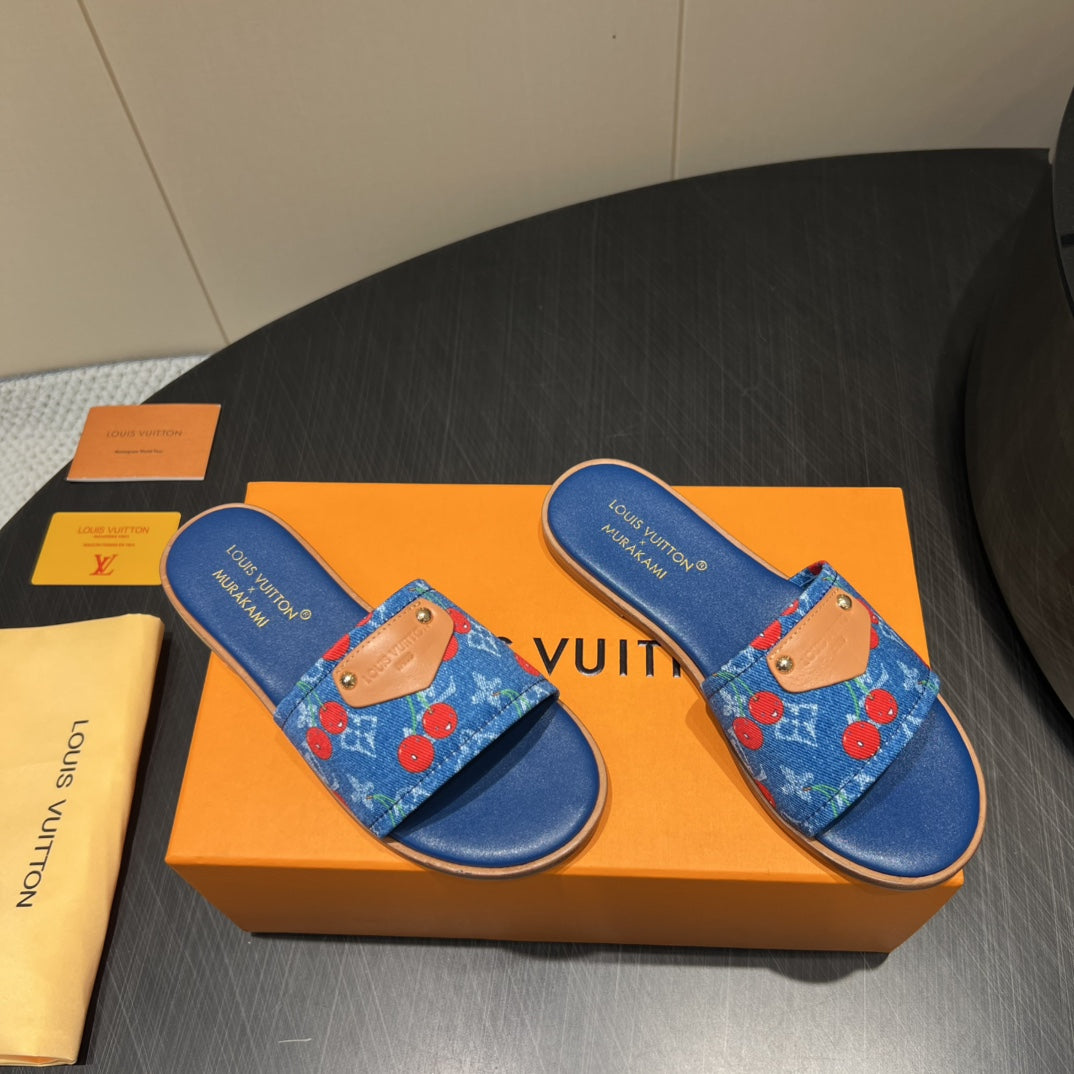 LV SLIDE SANDALS 25S IN DARK BLUE DENIM AND CALFSKIN WITH LOGO PRINT - 35
