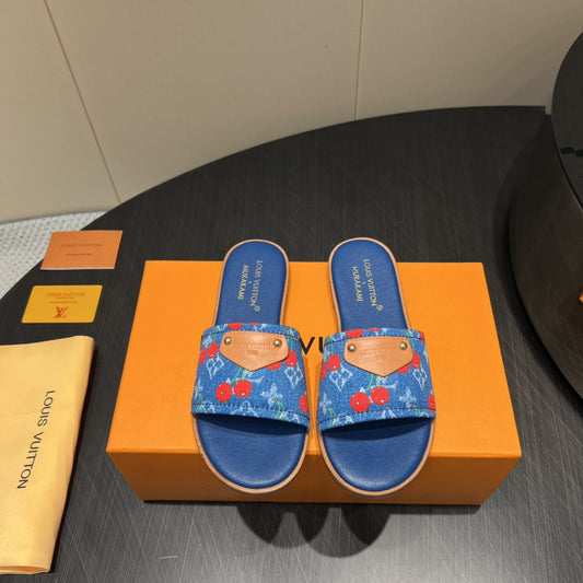 LV SLIDE SANDALS 25S IN DARK BLUE DENIM AND CALFSKIN WITH LOGO PRINT - 35
