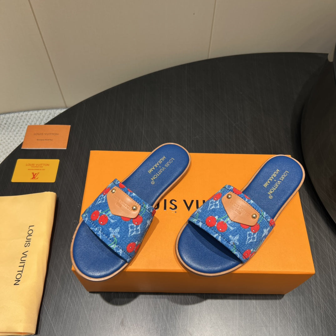 LV SLIDE SANDALS 25S IN DARK BLUE DENIM AND CALFSKIN WITH LOGO PRINT - 35