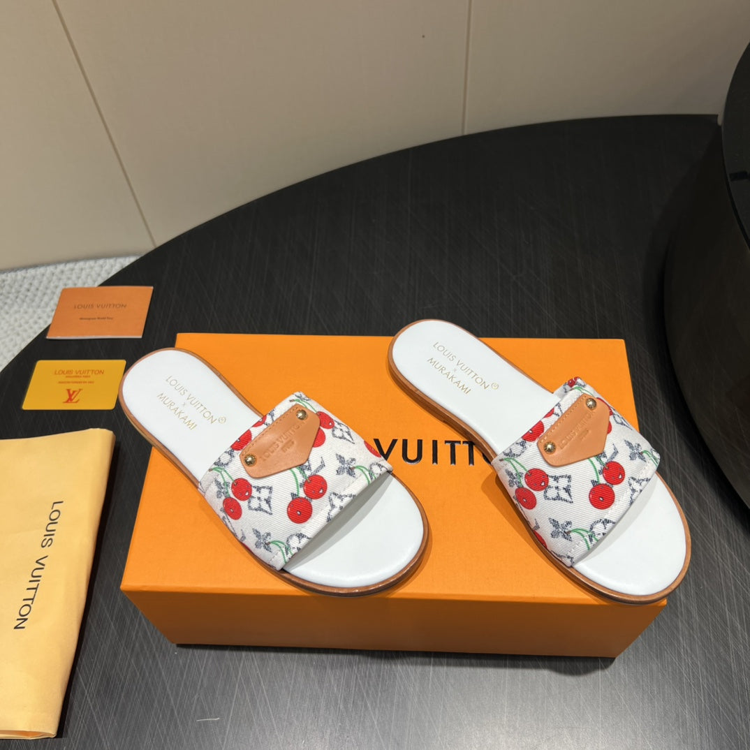 LV SLIDE SANDALS 25S IN WHITE DENIM AND CALFSKIN WITH LOGO PRINT - 35