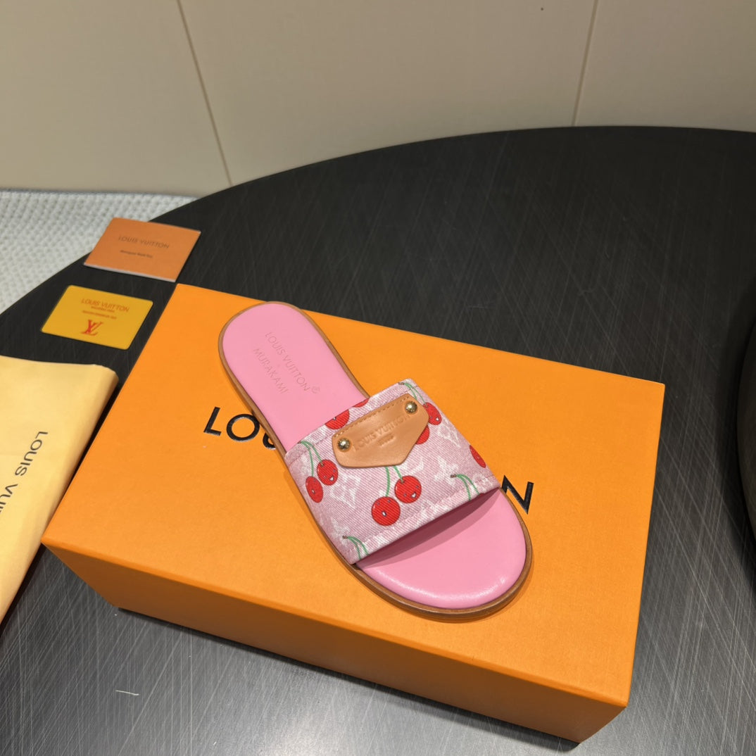 LV SLIDE SANDALS 25S IN PINK DENIM AND CALFSKIN WITH LOGO PRINT - 35