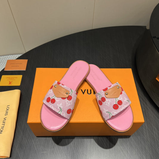 LV SLIDE SANDALS 25S IN PINK DENIM AND CALFSKIN WITH LOGO PRINT - 35