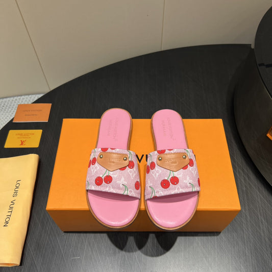 Шльопки LV SLIDE 25S РОЖЕВИЙ ДЕНІМ ТА ТЕЛЯЧА ШКІРА З ЛОГОТИПОМ - 35