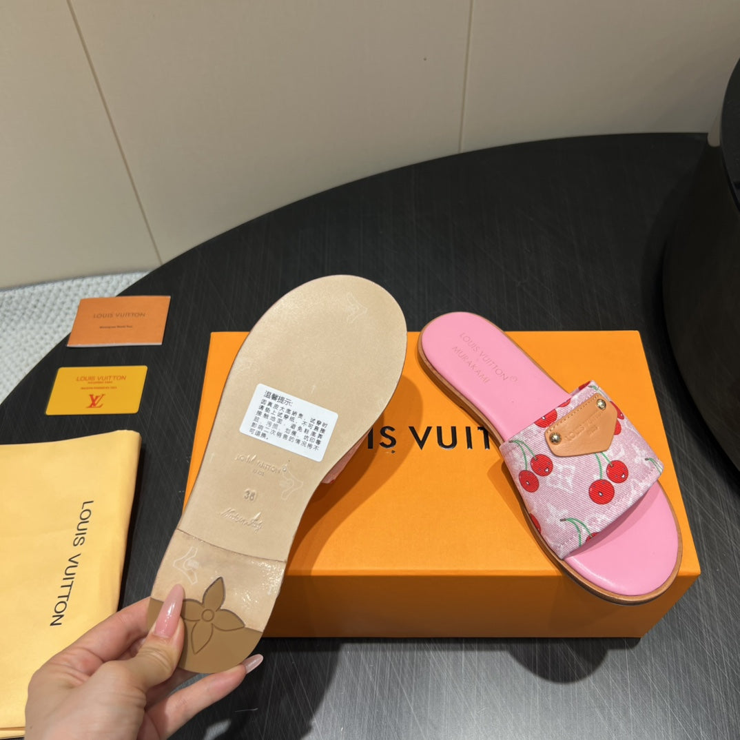 LV SLIDE SANDALS 25S IN PINK DENIM AND CALFSKIN WITH LOGO PRINT - 35