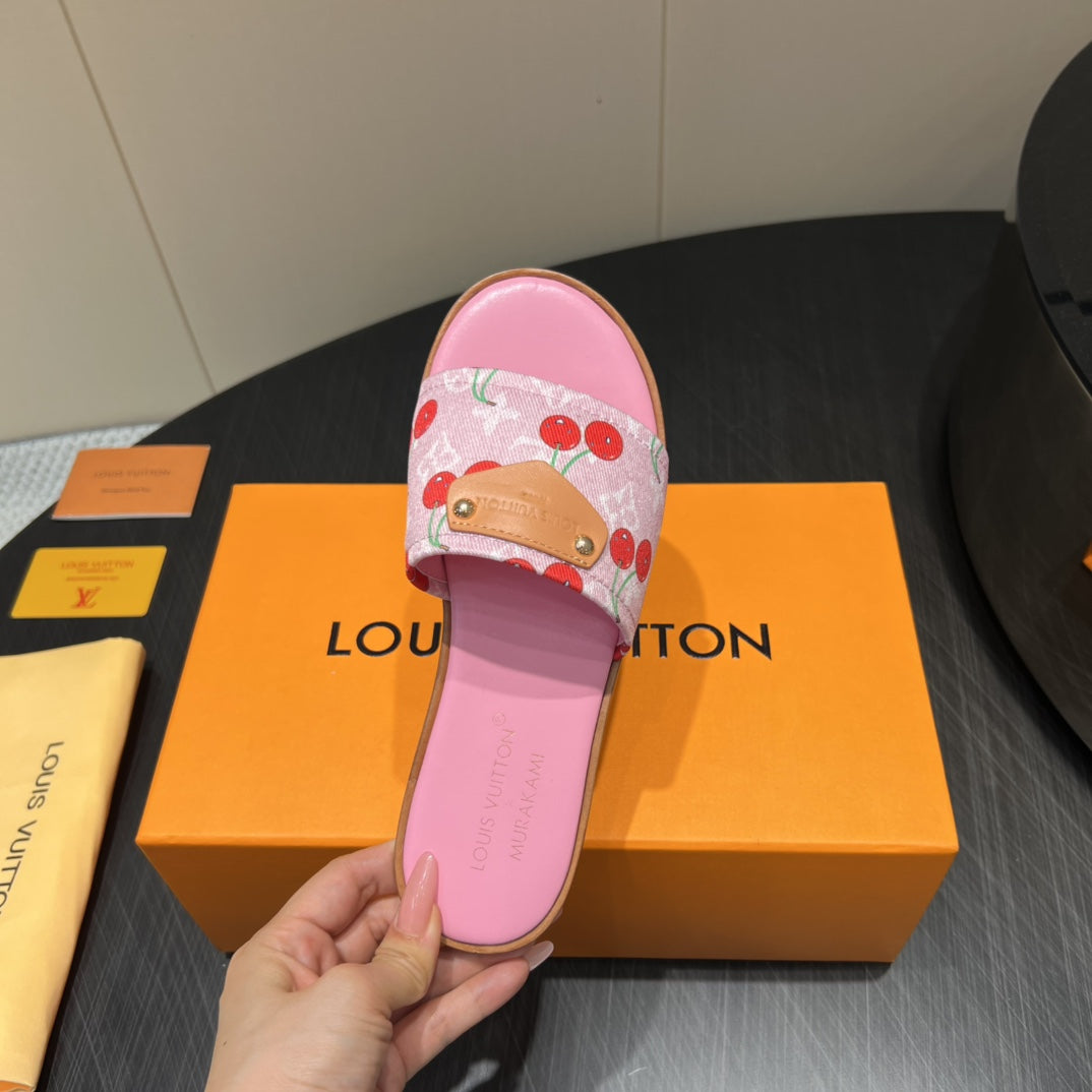 LV SLIDE SANDALS 25S IN PINK DENIM AND CALFSKIN WITH LOGO PRINT - 35