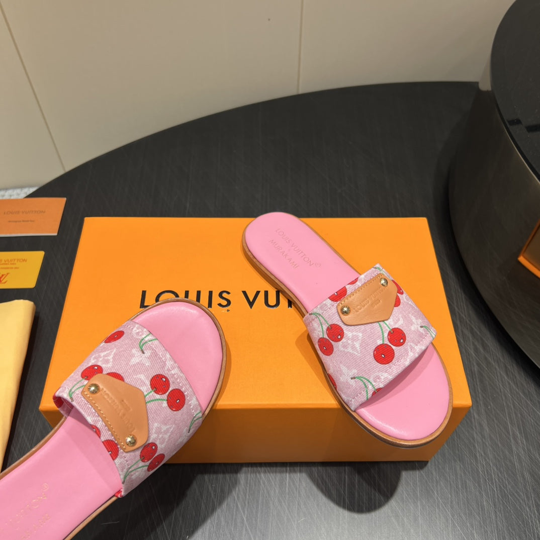 LV SLIDE SANDALS 25S IN PINK DENIM AND CALFSKIN WITH LOGO PRINT - 35