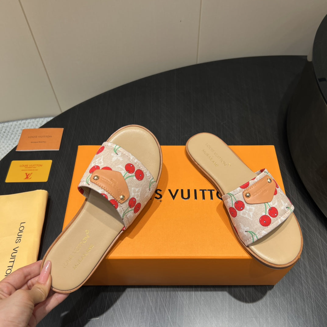 LV SLIDE SANDALS 25S IN BEIGE DENIM AND CALFSKIN WITH LOGO PRINT - 35