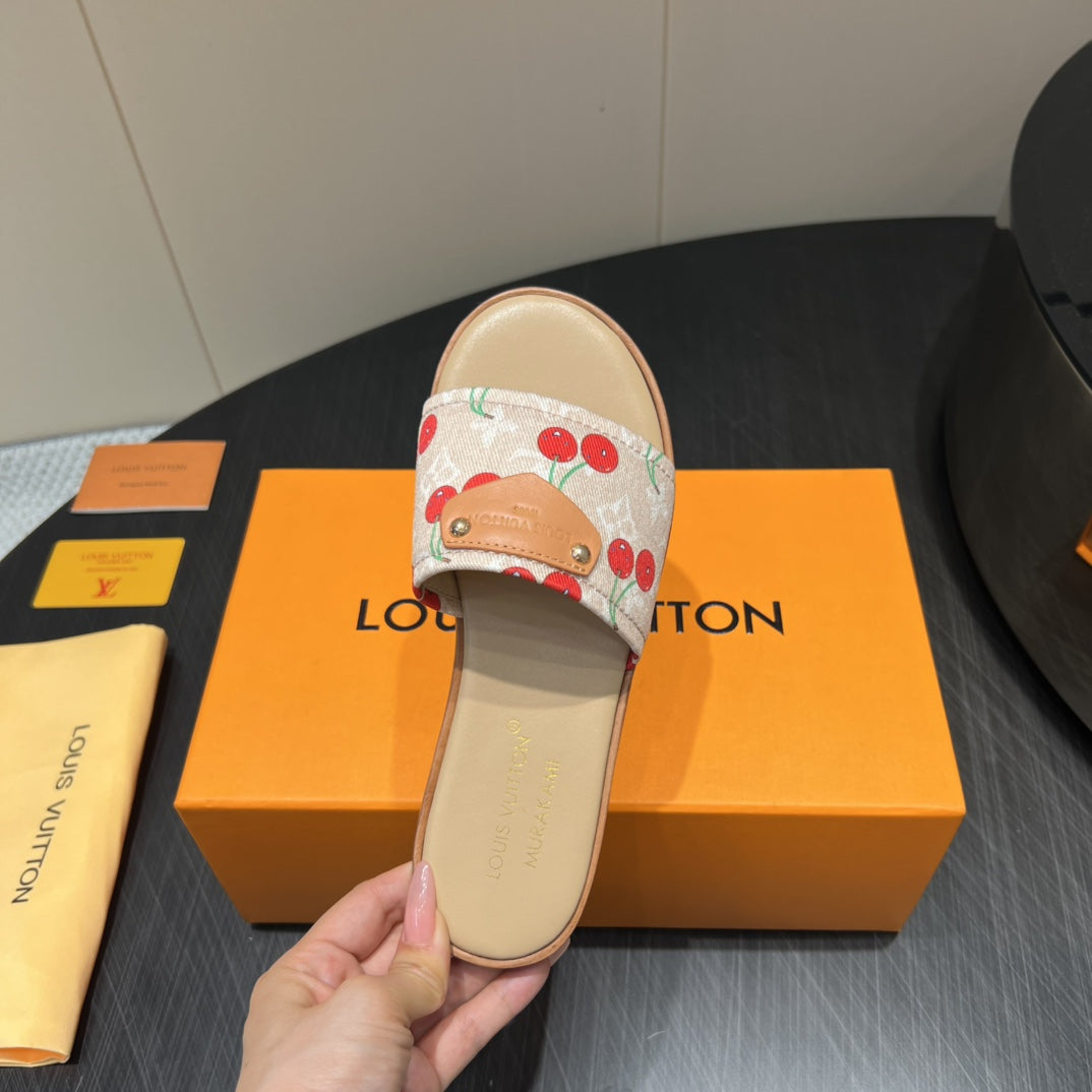 LV SLIDE SANDALS 25S IN BEIGE DENIM AND CALFSKIN WITH LOGO PRINT - 35
